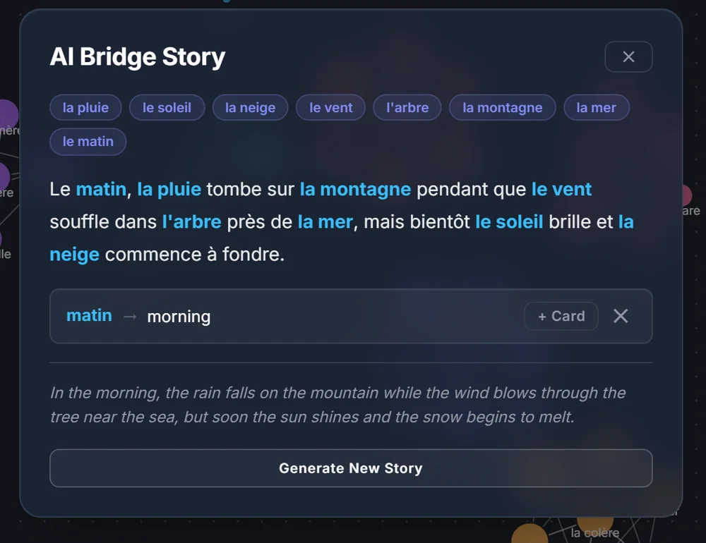 Tapping the word matin in a story shows the translation morning and a button to add it as a card